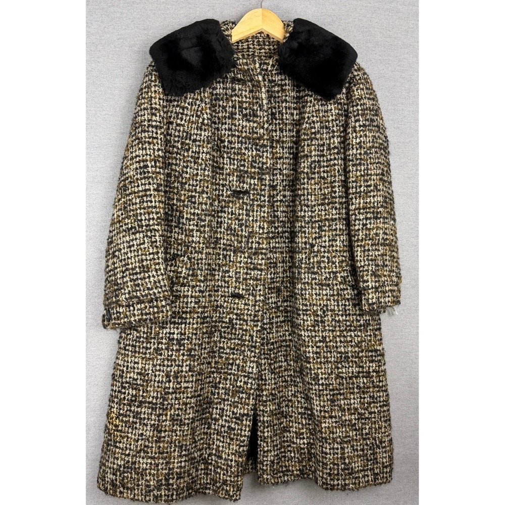 Vintage Plotkin Bros Timme Tuft Alpaca Pile Tweed Coat Faux Fur Collar Brown L